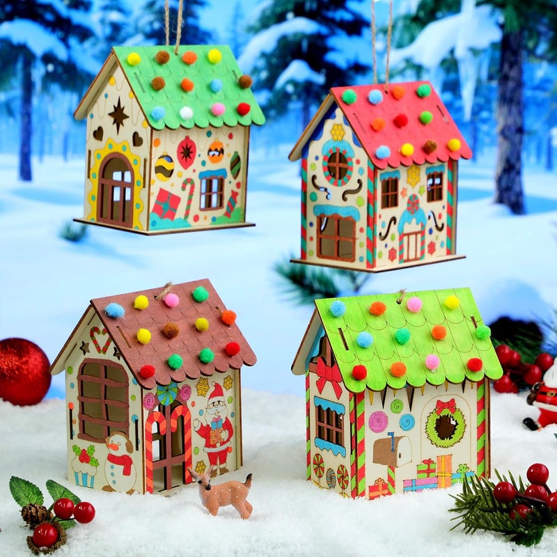 DoubleFill 6 Pcs Wood Gingerbread House Craft Kit for Kids DIY Wooden Christmas Birdhouse Craft Kits Holiday Village Houses Make a Gingerbread Wooden House for Xmas Party Game Supplies - Image 4